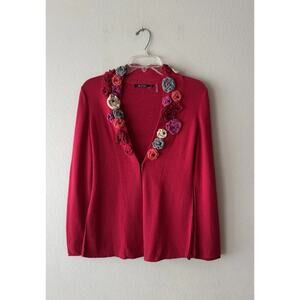 Nic‎ + Zoe Red Cardigan Women’s Size Small Flower Embellished Anthropologie
